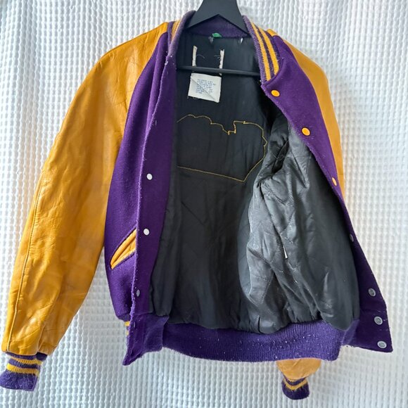 Vtg DeLong Griffin Cyclones varsity letterman jacket purple gold leather wool - Picture 2 of 4
